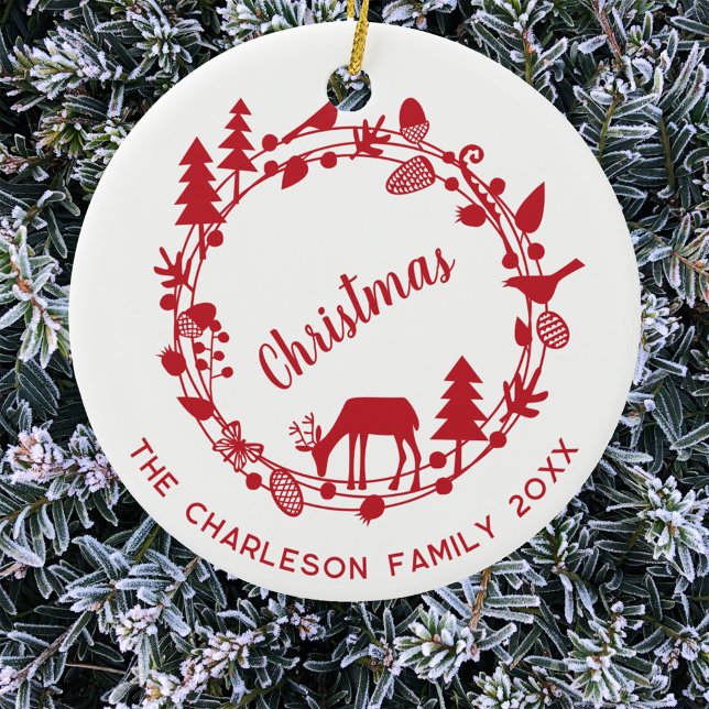 Deer Woodland Wreath Personalized Christmas Ceramic Ornament (Woodland forest wreath red and white personalized family name date text Christmas ornament)