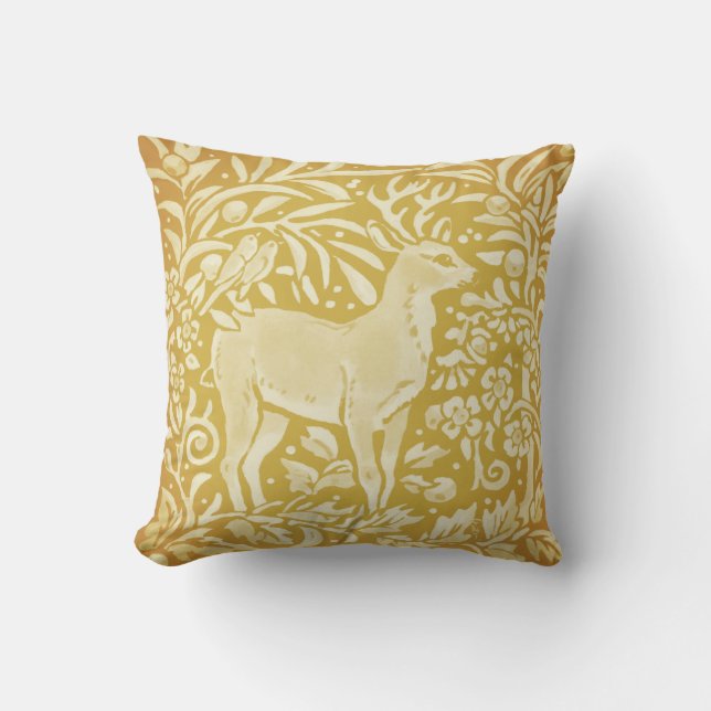 Deer Yellow Gold Woodland Bird Nature Throw Pillow (Front)
