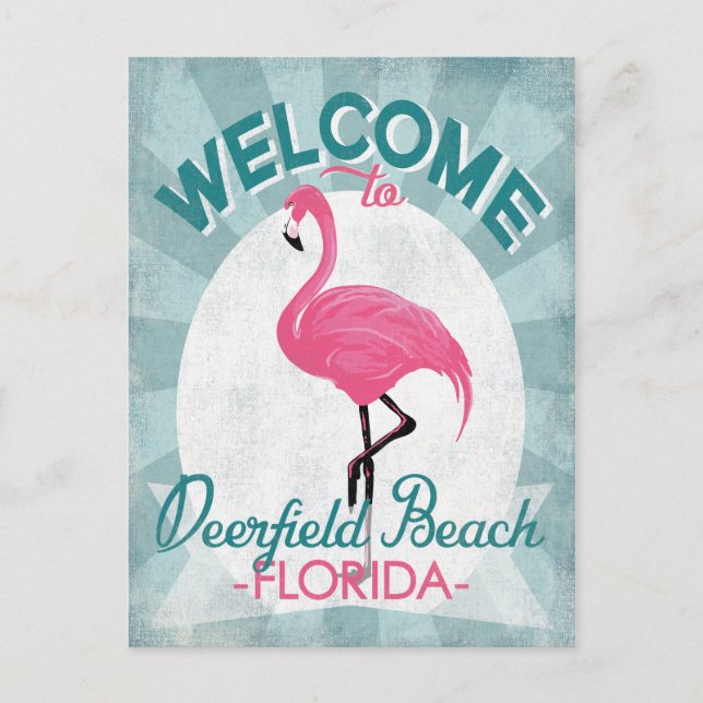 Deerfield Beach Florida Pink Flamingo Retro Postcard (Front)