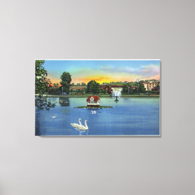 Deering Oaks Fountain and Duck House View Canvas Print (Front)