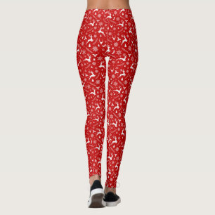 Deers and Snowflakes Red & White Christmas Pattern Leggings