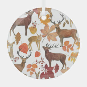 Deers, autumn leaves: watercolor pattern. glass ornament