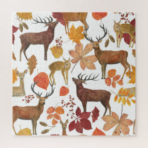 Deers, autumn leaves: watercolor pattern. jigsaw puzzle