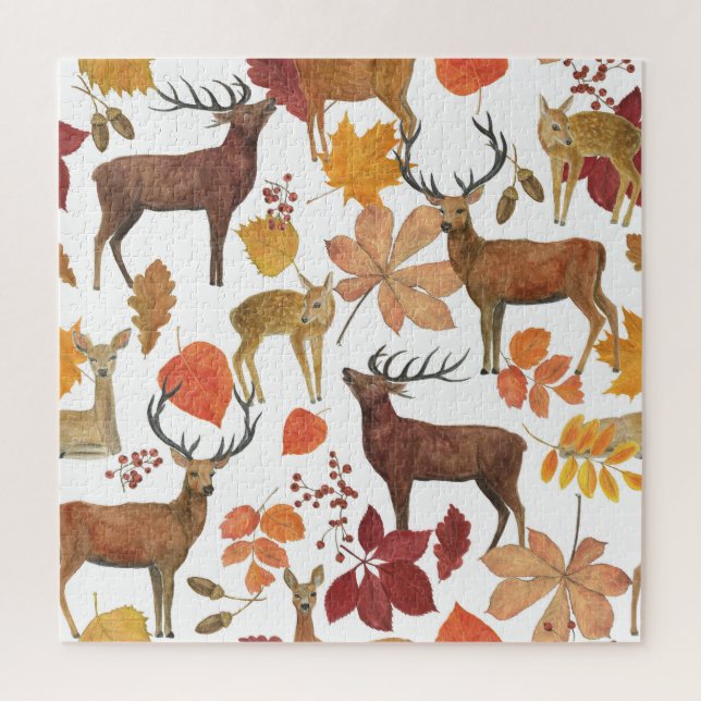 Deers, autumn leaves: watercolor pattern. jigsaw puzzle (Vertical)