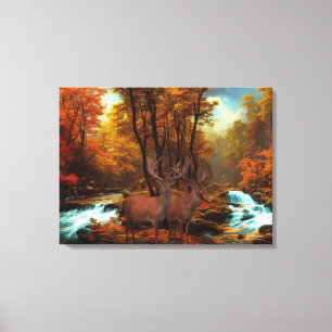Deers By A Woodland Stream  Canvas Print