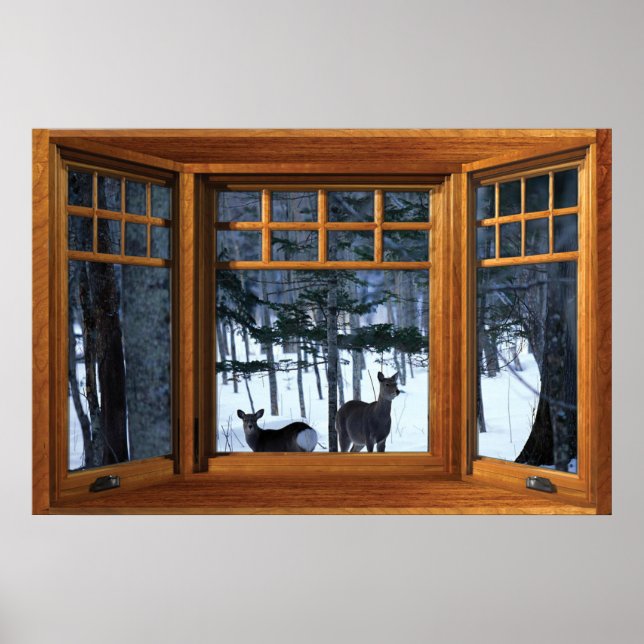 Deers in the Winter Woods View Fake Window Poster (Front)