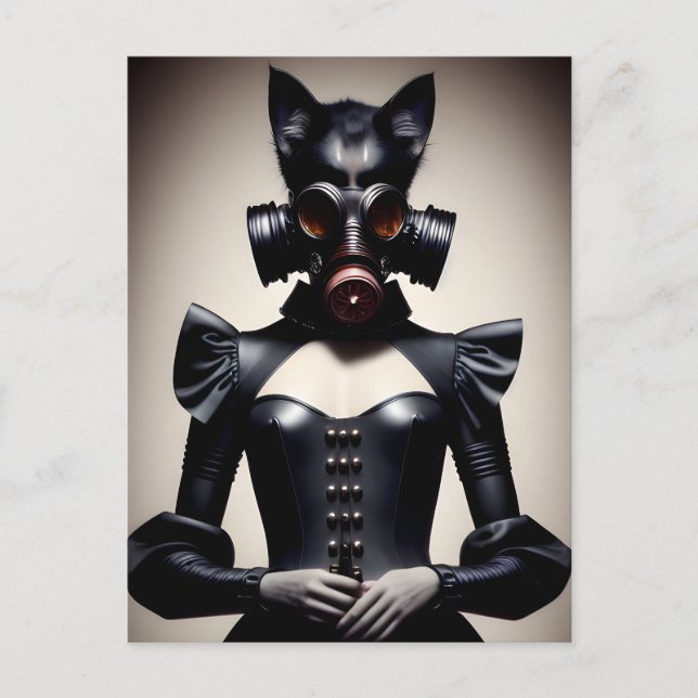 Déesse en cuir noir et masque à gaz Carte postale (Devant)