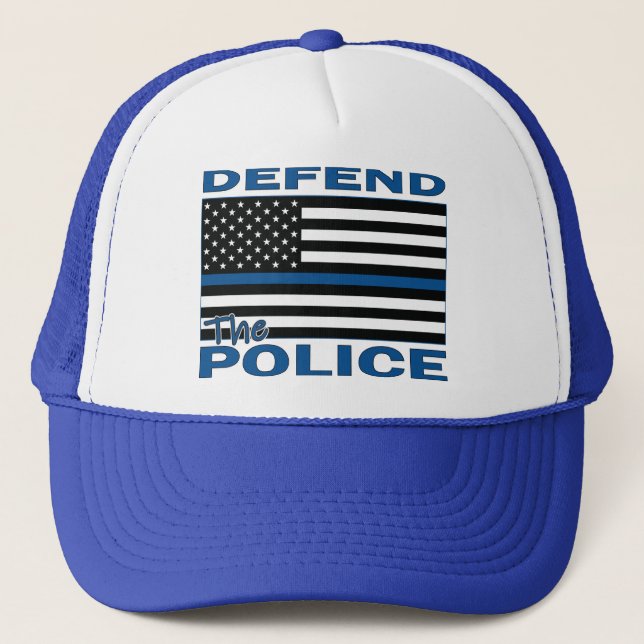 DEFEND-POLICE-Blue Line Flag Trucker Hat (Front)
