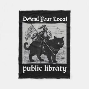 Defend Your Local Public Library Funny Knight Cat  Fleece Blanket
