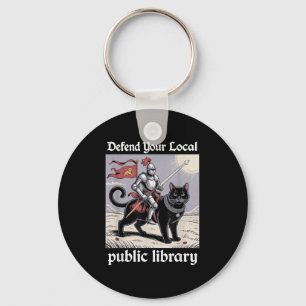 Defend Your Local Public Library Funny Knight Cat  Keychain