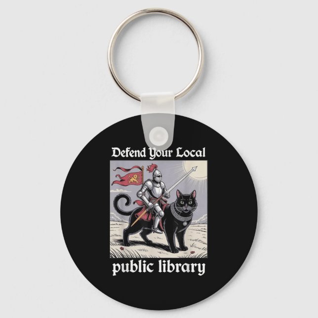 Defend Your Local Public Library Funny Knight Cat  Keychain (Front)