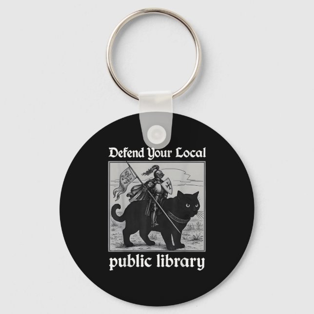 Defend Your Local Public Library Funny Knight Cat  Keychain (Front)