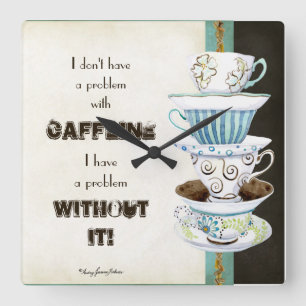 Deja' Brew Coffee Art Stacked Cups Mugs Caffeine Square Wall Clock