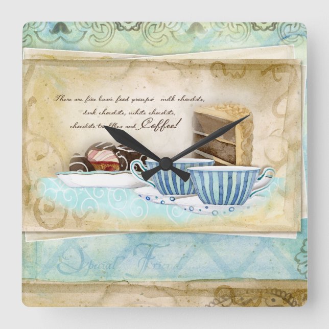 Deja Brew Coffee Cups, Candy and Cake Dessert Art Square Wall Clock (Front)
