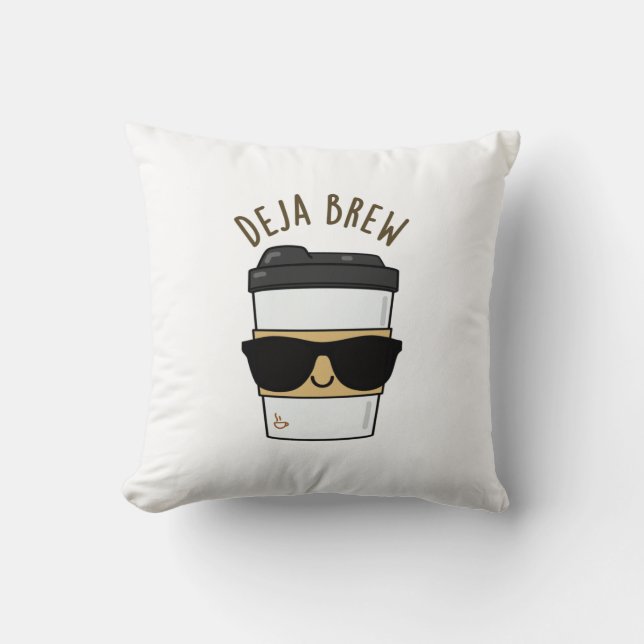 Deja Brew Funny Coffee Pun Throw Pillow (Front)