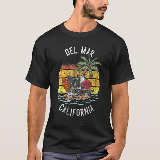 Del Mar Beach California Palms Skull Surf Sunset V T-Shirt (Front)