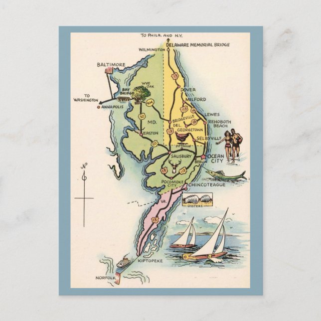 Del-Mar-Va Vintage Map Postcard (Front)