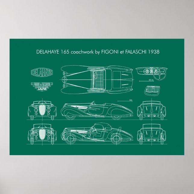 Delahaye 165 Figoni et Falaschi Blueprint Poster (Front)