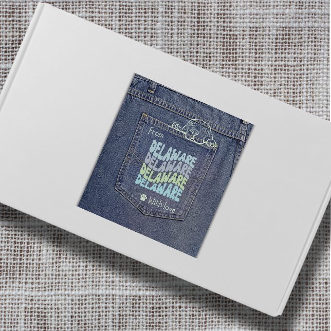Delaware Dog in Jean Pocket Classic Square Sticker (Cute denim pocket sticker with a doggy peeking out. Use it on gifts, packages and envelopes!)