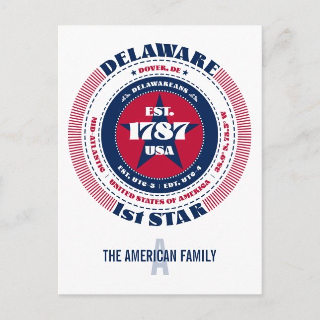 Delaware, Dover, DE Patriotic Monogram Postcard (Front)