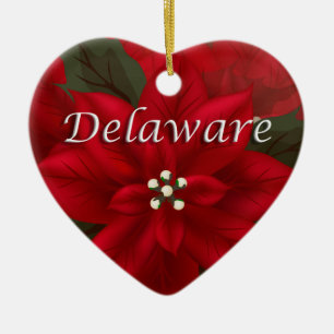 Delaware Red Poinsettia Heart Keepsake Ornament