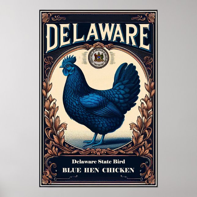 Delaware State Bird - Blue Hen Chicken Vintage Poster (Front)