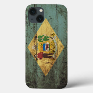 Delaware State Flag on Old Wood Grain iPhone 13 Case
