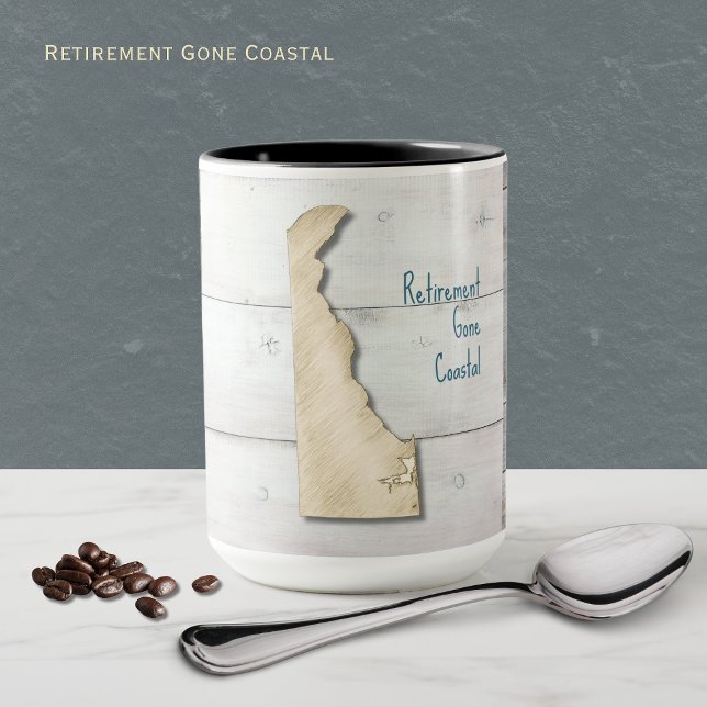 Delaware State Outline Rustic Wood Mug (Customize this Coastal yet rustic style mug representing Delaware. Retirement Gone Coastal!)