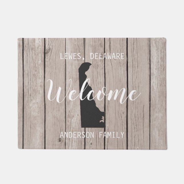 Delaware State Personalized Welcome Wood Look Doormat (Front)