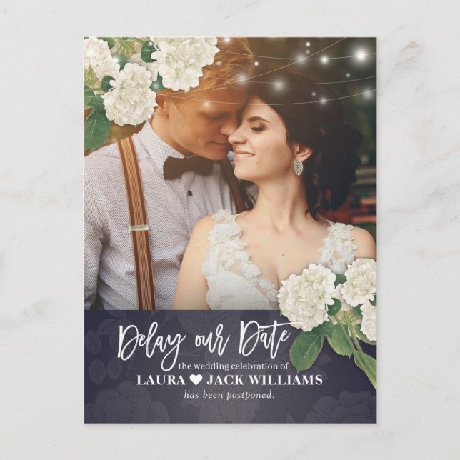 Delay our Date Elegant Wedding Postponement Photo Announcement Postcard (Front)