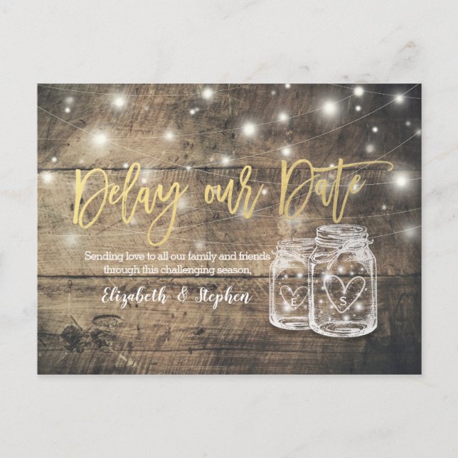 Delay our Date Wedding Postponement Mason Jar Wood Announcement Postcard (Front)