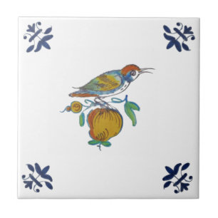 Delft Bird on Branch with Fruit Repro c. 1650 Tile