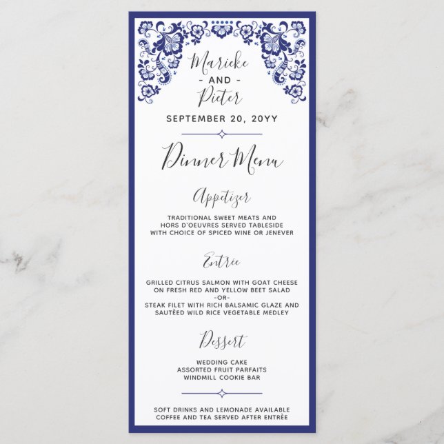 Delft Blauw Delft Blue Dutch Mariage Dinner Menu (Devant)