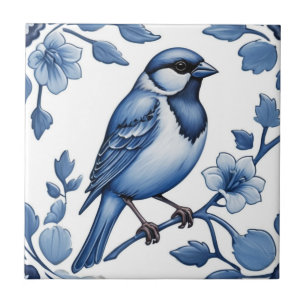 Delft Blue and White Floral Sparrow Bird Tile