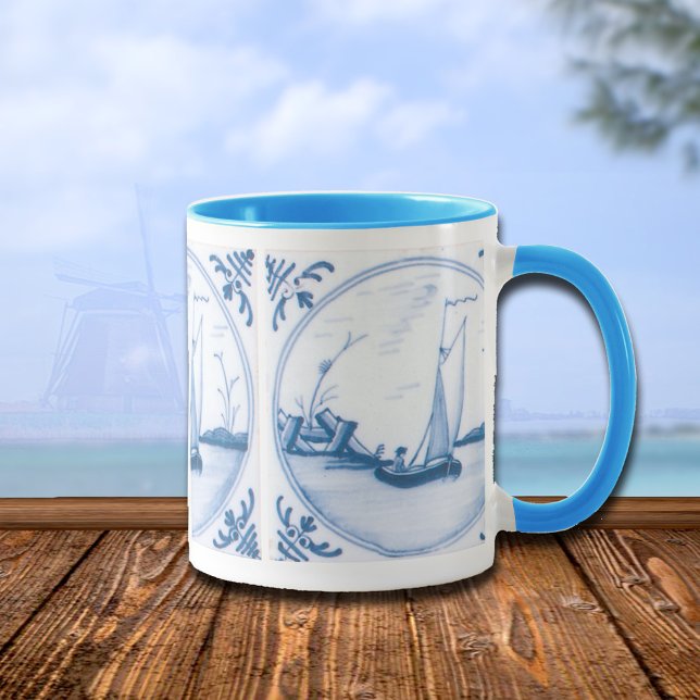 Delft Blue and White Sailboat Coffee Mug (blue white vintage sailboat coffee mug)