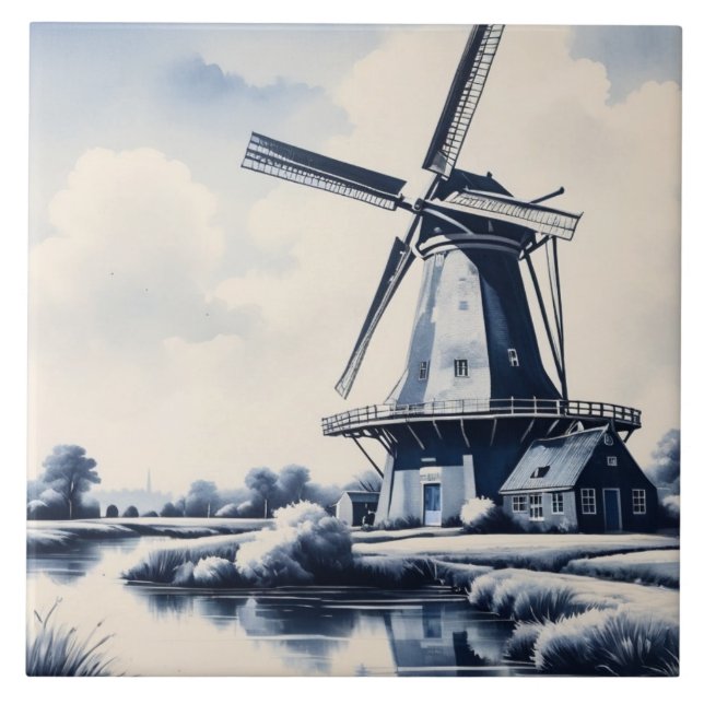 Delft Blue and White Windmill Traditional Dutch Tile (Front)