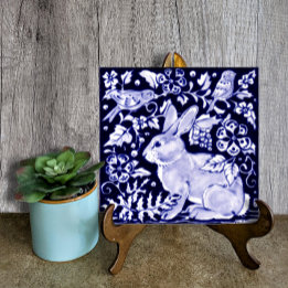 Delft Blue Bunny Rabbit Bird Dedham Elegant Rustic Tile