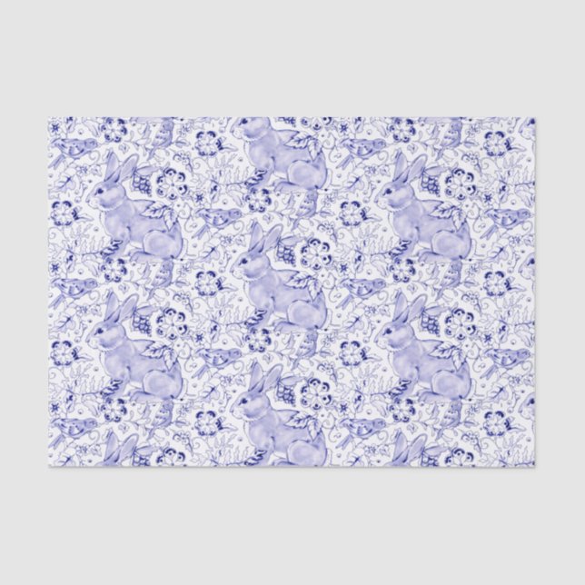 Delft Blue Bunny Rabbit Birds Elegant Chinoiserie Tissue Paper (Front)