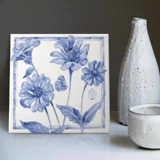 Delft Blue Butterfly Flower Wall Decor Art Deco Tile