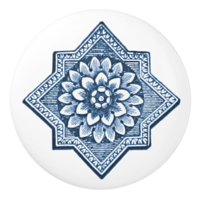 Delft Blue China Look Decorative Floret Ornamental Ceramic Knob (Front)