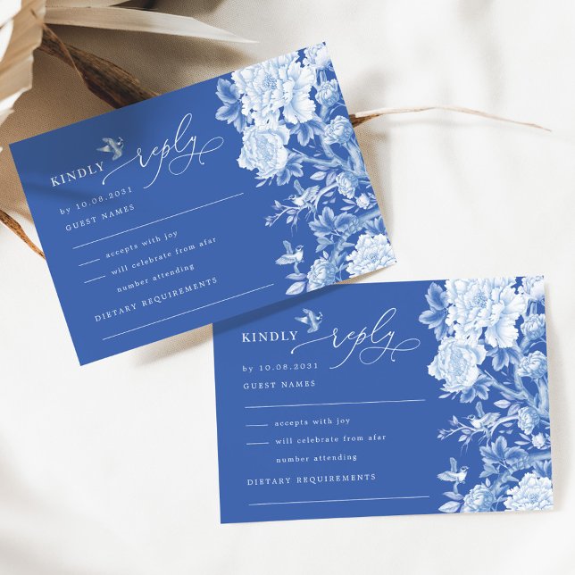 Delft Blue Chinoiserie Flower Garden Wedding RSVP Card (Creator Uploaded)
