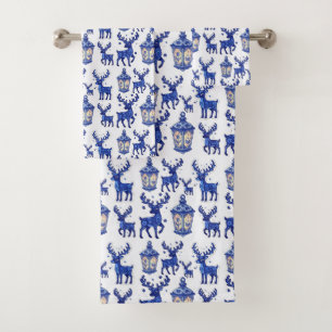 Delft Blue Christmas Reindeer and Lantern Holiday  Bath Towel Set
