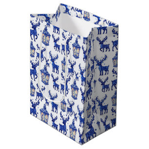 Delft Blue Christmas Reindeer and Lantern Holiday  Medium Gift Bag
