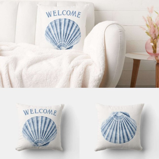 Delft Blue Clam Sea Shell Nautical Beach House Throw Pillow (Front and back view with couch. )