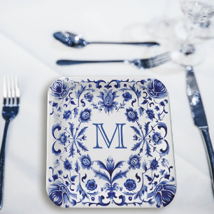 Delft blue design monogram paper plate