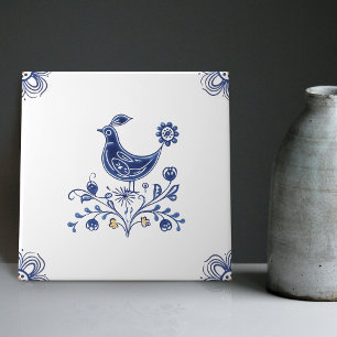 Delft Blue Dutch Style Bird Flowers Indigo Ceramic Tile