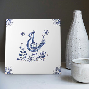 Delft Blue Dutch Style Bird Flowers Indigo Ceramic Tile