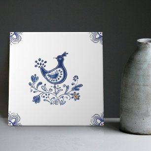 Delft Blue Dutch Style Bird Flowers Indigo Ceramic Tile