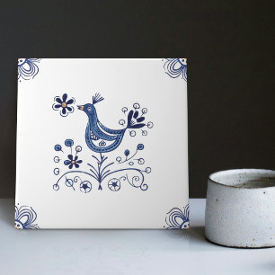 Delft Blue Dutch Style Bird Flowers Indigo Ceramic Tile