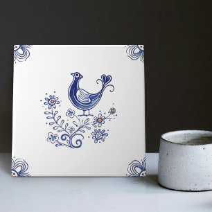 Delft Blue Dutch Style Bird Flowers Indigo Ceramic Tile